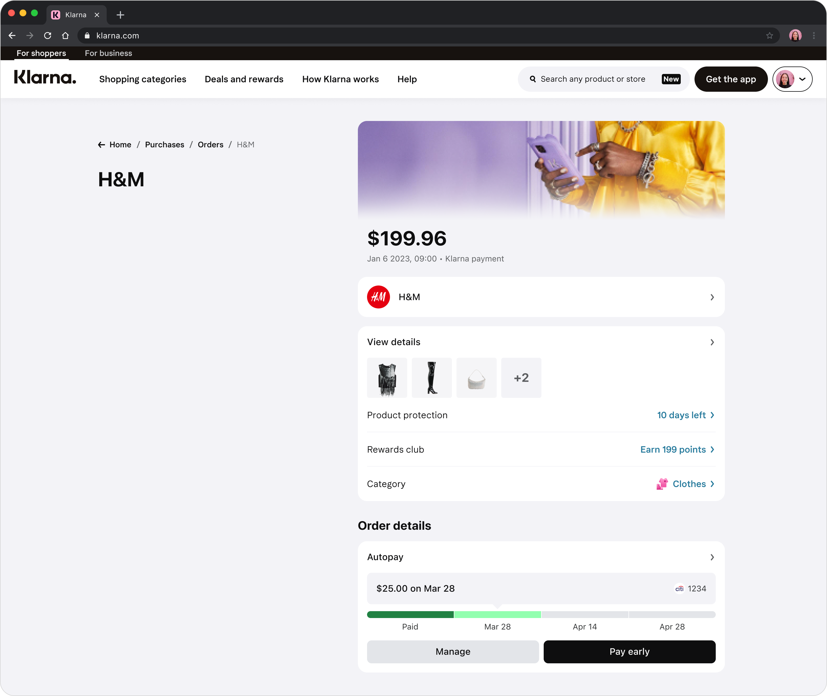 Klarna Transaction Detail Page on desktop